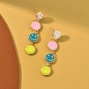 Y2K Colorful Happy Smiley Face Gold Drop Dangle Earrings NEW